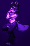  4_toes 5_fingers anthro black_hair black_nose breasts canine female hair kero_tzuki mammal midriff navel purple_background purple_eyes simple_background smile solo toes wolf 