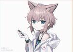  1girl absurdres animal_ears arknights black_choker blue_eyes blue_jacket bracelet brown_hair choker chromatic_aberration cloak commentary_request coqc cross dot_nose extra_ears fox_ears fox_girl greek_cross hair_between_eyes highres holding holding_pen hood hood_down hooded_cloak infection_monitor_(arknights) jacket jewelry looking_at_viewer material_growth medium_hair open_cloak open_clothes oripathy_lesion_(arknights) pen red_cross simple_background single_bare_shoulder smile solo spaghetti_strap sussurro_(arknights) upper_body white_background white_cloak 