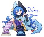  1girl animal_ears asymmetrical_footwear asymmetrical_legwear bandaid_on_hood bare_shoulders black_collar black_hood black_shoes blue_background blue_eyes blue_hair blue_hood blue_jacket blue_nails blue_tongue blush borrowed_character buttons chestnut_mouth chinese_commentary claw_pose collar colored_tongue commentary_request dress fake_animal_ears fangs full_body gift_art glitch hair_between_eyes happy_birthday heart highres hood jacket knees_up long_hair long_sleeves looking_at_viewer miyayoki nail_polish original purple_dress purple_socks sandals shoes single_claw_pose single_loose_sock single_thighhigh sitting skin_fangs sleeves_past_wrists socks solo split-color_clothes star_(symbol) thighhighs two-tone_dress very_long_hair white_shoes yellow_dress 