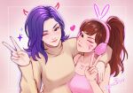  2girls artist_name blush breasts brown_eyes brown_hair closed_mouth collarbone commentary d.mon_(overwatch) d.va_(overwatch) english_commentary facial_mark head_tilt headphones heart highres jewelry konomidraws long_hair looking_at_viewer medium_breasts multiple_girls necklace one_eye_closed overwatch ponytail purple_hair smile sparkle sweater upper_body v whisker_markings 