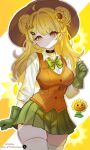  1girl blonde_hair blush bow bowtie breasts closed_mouth commentary english_commentary flower glaring gloves grimace hat highres long_hair long_sleeves looking_at_viewer medium_breasts personification plant plants_vs._zombies plants_vs._zombies_2 sentient_plant shaded_face skirt solo sunflower sunflower_(plants_vs._zombies) thighs tron_kurenai vest white_background yellow_background yellow_eyes 
