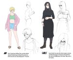  2girls ani_(pomelomelon) black_hair black_shirt blonde_hair bob_cut boots breasts cardigan commentary crop_top denim denim_shorts english_commentary english_text high-waist_skirt highres multiple_girls multiple_views original pantyhose pink_cardigan pomelomelon reference_sheet round_eyewear sable_(pomelomelon) sandals shirt shorts skirt straight_hair tongue tongue_out topless_female 