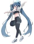  1girl absurdres aris_(blue_archive) bag black_hair black_pants blue_archive blue_eyes blue_halo bow breasts commentary cropped_shirt from_below full_body hair_between_eyes hairband halo highres long_hair lunar_(pixiv53683306) midriff navel open_mouth pants pose_request shirt shoes shoulder_bag simple_background small_breasts sneakers socks solo sports_bra twintails untranslatable_commentary very_long_hair walking white_background white_bow white_hairband white_shirt white_shoes white_socks yoga_pants 