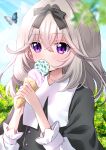  1girl absurdres animal black_bow black_dress blue_sky blurry blurry_foreground blush bow bug butterfly cloud commentary covered_mouth day depth_of_field dress food grey_hair hair_between_eyes hair_bow hands_up highres holding holding_food ice_cream ice_cream_cone layered_sleeves long_hair long_sleeves meitantei_precure! moria_luluka multiple_scoops outdoors precure purple_eyes shirt short_over_long_sleeves short_sleeves sky solo uchuuneko upper_body white_shirt 