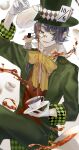  1boy absurdres alice's_adventures_in_wonderland alternate_costume bow bowtie brown_vest collared_shirt commentary cosplay cowboy_shot cup decantering green_eyes green_hat green_pants green_tailcoat hat highres holding holding_saucer jack_jeanne looking_at_viewer mad_hatter_(alice_in_wonderland) mad_hatter_(alice_in_wonderland)_(cosplay) magician male_focus monochrome neji_kokuto open_mouth pants purple_hair saucer semi-rimless_eyewear shirt smile solo stuffed_animal stuffed_mouse stuffed_toy tailcoat tea teacup tnkatuyoshi_00 top_hat under-rim_eyewear vest white_shirt yellow_bow yellow_bowtie 