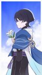  1boy arm_at_side armor belt black_belt black_bow black_bridal_gauntlets black_eyes black_hair black_shorts blue_cape blue_sky blunt_ends border bow bridal_gauntlets bright_pupils cape choppy_bangs closed_mouth cloud cloudy_sky commentary expressionless eyeliner flower from_side furisode genshin_impact hand_up highres holding holding_flower japanese_armor japanese_clothes kimono kote kurokote looking_at_viewer makeup male_focus pingfanhh profile purple_sash red_eyeliner sash scaramouche_(genshin_impact) short_sleeves shorts side_cape sideways_mouth sky solo tassel untranslatable_commentary variant_set wanderer_(genshin_impact) white_border white_kimono white_pupils white_sleeves white_trim wolf_cut 