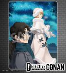  1boy 1girl blue_eyes brown_hair capelet closed_mouth coat commentary_request copyright_logo copyright_notice fur-trimmed_capelet fur-trimmed_coat fur-trimmed_headwear fur_trim green_scarf grey_coat hat highres iori_muga logo long_sleeves looking_back meitantei_conan meitantei_conan_card_game nagisa_mmm night official_art oooka_momiji open_mouth sample_watermark scarf short_hair sky smile standing star_(sky) starry_sky watermark wavy_hair white_capelet white_coat white_hat winter_clothes 