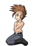  1girl belt black_belt black_boots boots breasts brown_hair cleavage closed_mouth collarbone commentary covering_breasts covering_privates ear_piercing english_commentary eyebrow_piercing face_piercing full_body green_eyes grey_pants mohawk original pants piercing punk robert_j_case sidelocks signature smile solo topless_female 