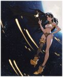  1girl absurdres ankle_boots armlet bandeau bare_shoulders bikini black_bikini black_hair black_thighhighs boots border commentary dotr_art earrings fate/grand_order fate_(series) finger_gun from_below full_body gold_armlet gold_boots gold_collar gold_trim hand_on_own_hip heart high_heel_boots high_heels highres ishtar_(fate) jewelry long_hair looking_at_viewer meteor parted_bangs red_eyes single_thighhigh solo space star_(sky) starry_sky_background swimsuit teeth thighhighs untranslatable_commentary very_long_hair white_bandeau white_bikini white_border zero_gravity 