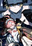  2girls absurdres ahoge aiming anda_meshi apron black_halo black_skirt bleeding blonde_hair blood blue_archive blue_eyes blue_leotard braid breasts bruise chain city city_lights commentary dual_wielding duel dynamic_pose frilled_apron frilled_skirt frills gun hair_over_one_eye halo head-mounted_display head-mounted_display_lift highres holding huge_ahoge injury jacket leotard maid maid_apron maid_headdress mecha_pilot_suit medium_breasts mole mole_under_each_eye mole_under_eye multicolored_halo multiple_girls multiple_moles neru_(blue_archive) orange_hair print_jacket red_eyes short_hair sig_mpx sig_sauer single_braid skirt small_sweatdrop submachine_gun sukajan toki_(abi-eshuh)_(blue_archive) toki_(blue_archive) two-tone_halo unconventional_maid weapon yellow_halo 