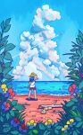  1girl aircraft airplane beach blue_hair blue_sky cloud commentary_request contrail cumulonimbus_cloud day flower from_behind hat highres ocean original plant red_shirt sarad_udon shirt sky solo straw_hat summer 