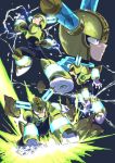  1boy android armor bodysuit boots closed_mouth electricity fuse_man gloves glowing helmet highres male_focus mega_man_(classic) mega_man_(series) mega_man_11 open_mouth purple_eyes robot rock simple_background teeth vs8key weapon white_gloves yellow_armor 