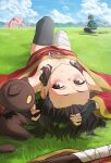  1boy 3girls aqua_(konosuba) asymmetrical_legwear bandaged_leg bandages black_cat black_gloves black_thighhighs blonde_hair blurry breasts brown_hair cape cat chomusuke cloud cloudy_sky commentary darkness_(konosuba) day downblouse dress fingerless_gloves frog gloves grass green_cape highres kono_subarashii_sekai_ni_shukufuku_wo! looking_at_viewer lying mage_staff megumin multiple_girls on_back on_ground outdoors red_dress running satou_kazuma scenery single_thighhigh sitting sky small_breasts staff thighhighs waligner 