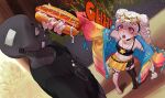  1boy 1girl bandaid bandaid_on_face black_camisole blue_bra bra braid breasts camisole earrings eyewear_on_head feet ghosty_saige goggles goggles_on_head grey_hair hot_dog indie_virtual_youtuber jacket jewelry mokimolewds navel open_mouth pink_nails red_eyes sharp_teeth single_thighhigh skirt small_breasts standing star-shaped_eyewear star_(symbol) teeth thighhighs twin_braids underwear virtual_youtuber yellow_jacket yellow_skirt 