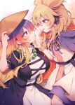  2girls ajirogasa beads black_dress blonde_hair bracelet breasts cape commentary_request cross-laced_clothes cross-laced_dress dress earmuffs eye_contact gradient_hair hand_on_another's_chin hat highres hijiri_byakuren jewelry large_breasts layered_dress long_hair long_sleeves looking_at_another multicolored_hair multiple_girls neck_ribbon open_mouth pointy_hair prayer_beads purple_cape purple_hair purple_ribbon purple_skirt red_cape ribbon skirt sleeveless smile tama_(soon32281) touhou toyosatomimi_no_miko two-sided_cape two-sided_fabric very_long_hair white_dress yellow_eyes yuri 