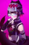  1girl absurdres animal_bag arm_warmers bare_shoulders black_arm_warmers black_hair black_hat black_nails breasts candy choker closed_mouth colored_inner_hair commentary ellen_joe fins fish_tail food food_in_mouth gradient-tinted_eyewear hair_ornament harstor hat highres large_breasts lollipop lollipop_in_mouth looking_at_viewer multicolored_hair pink_background razor_blade_hair_ornament red_eyes red_hair shark_bag shark_girl shark_tail sharp_teeth shirt short_hair simple_background solo sunglasses tail teeth tinted_eyewear torn_clothes torn_shirt two-tone_hair upper_body zenless_zone_zero 