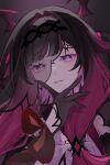  0ninj1n 1girl bat_wings black_background black_hair black_hairband black_shrug blunt_bangs bow bright_pupils brown_gloves colored_inner_hair columbina_(big_bad_vampire)_(genshin_impact) columbina_(genshin_impact) commentary_request dress eyelashes fang genshin_impact gloves gradient_hair hair_ornament hairband hand_on_own_face hand_up head_wings highres large_bow long_hair looking_at_viewer multicolored_hair multiple_wings official_alternate_costume open_mouth pink_eyes pink_hair red_bow see-through_clothes see-through_veil shrug_(clothing) sidelocks simple_background skin_fang smile solo star_(symbol) star_hair_ornament tongue two-tone_hair veil very_long_hair wavy_hair white_dress white_pupils wings wrist_bow 