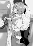  1boy 1girl :d apron blush bow bowtie commentary_request cooking dress_shirt electrical_outlet from_above full_body greyscale hair_bow hands_up heart hetero highres holding holding_ladle hug hug_from_behind idolmaster idolmaster_shiny_colors ikuta_haruki indoors kitchen ladle legs_apart long_sleeves miniskirt monochrome open_mouth pants plaid_bow plaid_bowtie plaid_clothes plaid_skirt pleated_skirt producer_(idolmaster) raised_inner_eyebrows school_uniform shirt short_hair short_sleeves skirt slippers smile socks speech_bubble spoken_blush standing steam stove straight_hair tsurui 