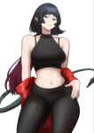  1girl animal_ears black_hair black_pants bra_strap breasts chika_232 commentary crop_top grey_eyes highres jacket jacket_partially_removed jane_doe_(zenless_zone_zero) large_breasts mouse_ears mouse_girl mouse_tail multicolored_hair navel pants red_hair red_jacket sharp_tail tail white_background yoga_pants zenless_zone_zero 