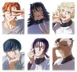  6+boys :d baseball_uniform black_hair blonde_hair blue_eyes brown_eyes claw_pose commentary_request dark-skinned_male dark_skin finger_heart flipped_hair flipped_sidelocks grin hair_between_eyes hair_horns hair_slicked_back head_rest highres hirose_yoji ino_akindo kiriyama_fusetsu long_hair looking_at_viewer looking_to_the_side male_focus masumi_kengo mima_shoma multicolored_hair multiple_boys osmsoic parted_lips ponytail portrait red_eyes red_hair sankyuu_pitch sharp_teeth short_eyebrows short_hair simple_background slit_pupils smile sportswear teeth thick_eyebrows todoroki_taigu two-tone_hair v v_over_eye white_background white_hair 