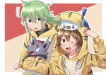  2boys absurdres alternate_costume blush brown_eyes brown_hair commentary_request green_hair hand_up highres hilbert_(pokemon) holding holding_pokemon hood hood_down long_hair long_sleeves male_focus multiple_boys n_(pokemon) on_head one_eye_closed open_mouth oshawott outline pokemon pokemon_(creature) pokemon_black_and_white pokemon_on_head shirt short_hair sweatdrop yukinoko2200 zorua 