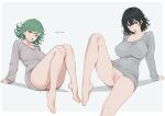  2girls absurdres alternate_breast_size_(larger) ankle artist_name barefoot black_hair border breasts collarbone commentary english_commentary fubuki_(one-punch_man) green_eyes green_hair grey_sweater highres knee_up large_breasts looking_at_viewer melowh multiple_girls one-punch_man open_mouth outside_border pussy ribbed_sweater short_hair siblings simple_background sisters sweater tatsumaki uncensored underwear white_border 
