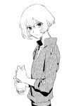  1boy androgynous bottle closed_mouth commentary greyscale highres holding holding_bottle jack_jeanne jacket light_frown looking_at_viewer male_focus monochrome shirota_mitsuki short_hair simple_background solo three-quarter_sleeves track_jacket upper_body white_background yumu1059 