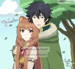  1boy 1girl :d arm_shield armor artist_name black_dress black_hair black_shirt blue_sky blunt_bangs breastplate breasts brown_armor brown_hair cloak closed_mouth cloud cloudy_sky collared_dress collared_shirt commentary day double-parted_bangs dress english_commentary falling_leaves fur_trim green_cloak green_eyes green_leaf hair_between_eyes hand_on_another's_shoulder high_collar holding holding_shield hood hood_down hooded_cloak iwatani_naofumi layered_dress leaf leather_armor legendary_shield_(small_shield)_(tate_no_yuusha_no_nariagari) legendary_shield_(tate_no_yuusha_no_nariagari) long_hair long_sidelocks long_sleeves malockser messy_hair metal_arm_cuffs neck_ribbon open_mouth outdoors pink_eyes raphtalia red_dress red_ribbon ribbon shield shirt short_hair sidelocks signature sky sleeveless sleeveless_dress small_breasts smile split_mouth straight_hair tate_no_yuusha_no_nariagari teeth tree two-tone_dress upper_body upper_teeth_only watermark white_dress white_fur yellow_trim 