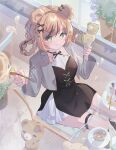  1girl :3 animal_ears bear_ears bear_girl belt black_bow black_dress black_streaks bow brown_hair closed_mouth commentary dress feet_out_of_frame food green_eyes grey_jacket hair_bow highres holding holding_food holding_ice_cream holding_spoon ice_cream jacket long_sleeves looking_at_viewer multicolored_hair open_clothes open_jacket original short_dress short_hair sidelocks sitting smile solo spoon streaked_hair swept_bangs thigh_belt thigh_strap tsukumi_bis untranslatable_commentary 