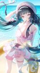  1girl absurdres arm_behind_head bandaid bandaid_on_chest beach bikini bikini_skirt black_hair blue_sky bow bow_bikini braid breasts chisa_(peach_parfait)_(wuthering_waves) chisa_(wuthering_waves) collarbone commentary day feet_out_of_frame floating_hair flower_hairclip food food_in_mouth hameln_11 hat highres holding holding_swim_ring leaning_to_the_side long_hair looking_at_viewer medium_breasts ocean official_alternate_costume outdoors plaid_bikini plaid_clothes pleated_skirt pocky pocky_in_mouth red_eyes skirt sky solo standing swim_ring swimsuit twintails very_long_hair white_hat wuthering_waves 