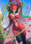  1girl absurdres arm_up bare_shoulders between_breasts black_boots blonde_hair blue_sky bodysuit boots breasts cape closed_mouth clothing_cutout cloud commentary covered_eyes cowboy_shot day digimon digimon_(creature) dutch_angle elbow_gloves facing_viewer falling_petals floating_hair flower gloves grass green_cape highres holding holding_whip large_breasts long_hair monster_girl navel navel_cutout outdoors petals pingfan_de_mao plant_girl red_bodysuit red_flower red_gloves red_lips red_rose rose rosemon sky smile solo standing standing_on_one_leg strapless_bodysuit thigh_boots thorns vine_whip whip 