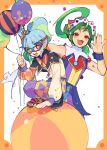  1boy 1girl absurdres ahoge ball balloon bird blue_eyes blue_hair commentary_request domino_mask dove eye_mask green_hair hairband heart_wand high_ponytail highres holding holding_balloon holding_staff hursh_(puyopuyo) hursh_(showtime) jester long_hair mask multicolored_hair on_ball open_mouth pants pollux_(puyopuyo) pollux_(twin_jester)_(puyopuyo) ponytail purple_pants purple_shirt puyopuyo puyopuyo_quest red_eyes shirt sleeveless sleeveless_shirt smile squatting staff star-shaped_pupils star_(symbol) sweater symbol-shaped_pupils teeth two-tone_hair upper_teeth_only urolo wand white_bird white_sweater wrist_cuffs 