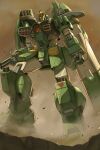  absurdres after_war_gundam_x arm_cannon commentary glowing glowing_eyes gundam gundam_leopard highres mecha mecha_focus missile missile_pod mobile_suit no_humans robot sandstorm solo type_j7 v-fin weapon 