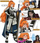  1boy 1girl absurdres armor beard_stubble black_hair blonde_hair blue_necktie blush breastplate cape cigar coat coat_on_shoulders collared_shirt commentary e.g.o_(project_moon) english_commentary facial_hair freckles gauntlets greatsword grin gunblade hand_on_own_hip highres holding holding_sword holding_weapon ishmael_(project_moon) jacket jacket_on_shoulders kekel lei_heng_(project_moon) limbus_company long_hair looking_at_viewer magic_bullet_(e.g.o) mullet multicolored_hair mustache_stubble necktie orange_hair pink_eyes pink_ribbon ponytail project_moon red_coat ribbon roseate_desire_(e.g.o) scrunchie shirt shoulder_armor simple_background single_hair_streak smile smoking steaming_body streaked_hair stubble sword teeth weapon white_background yellow_shirt zwei_association_west_uniform 
