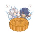  2boys :3 amua690459 angert_(infinity_nikki) aqua_eyes bib blue_eyes blue_hair blue_horns blue_scales blue_shirt braid brown_headband brown_ribbon brown_shirt chibi chinese_commentary circlet closed_mouth commentary_request dark-skinned_male dark_skin dragon_boy dragon_horns dragon_tail eyes_visible_through_hair fork grey_hair hair_between_eyes hair_tubes happy headband heart highres holding holding_fork holding_knife holding_spoon horn_ornament horn_ribbon horns infinity_nikki knife long_hair long_sleeves looking_at_food male_focus meghill_(infinity_nikki) mooncake multiple_boys nikki_(series) oversized_food oversized_object parksolian_(infinity_nikki) parted_bangs pointy_ears ribbon scarf shirt short_hair_with_long_locks side_braid simple_background single_braid single_hair_tube sitting smile speech_bubble spoken_heart spoon tail white_background yellow_scarf 