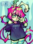  1girl animal_ears artist_name black_shirt blue_thighhighs crying crying_with_eyes_open dav_(krooked_glasses) ear_piercing furry furry_female hair_ornament hairclip highres long_hair looking_at_viewer multicolored_thighhighs original piercing pink_eyes rabbit_ears rabbit_girl shirt short_sleeves solo striped_clothes striped_thighhighs tears thighhighs two-tone_thighhighs white_fur white_thighhighs 