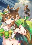  1girl absurdres ahoge animal_ears arm_strap asymmetrical_jacket bell-bottoms blush breasts brown_hair choker cloud cloudy_sky commentary_request cropped_jacket derivative_work dirty green_shirt hair_ornament hat highres horse_ears horse_girl horse_tail jacket long_hair looking_at_viewer medium_breasts midriff mini_hat mini_top_hat mr._c.b._(clear_bliss)_(umamusume) mr._c.b._(umamusume) navel nemuinemu outdoors pants parted_lips rain shirt single_bare_shoulder single_sleeve single_wrist_cuff sky smile strapless strapless_shirt sunlight tail top_hat umamusume white_jacket white_pants wrist_cuffs yellow_choker 
