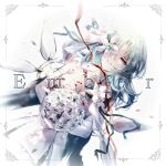  1girl album_cover aqua_hair arcaea bouquet cape closed_eyes closed_mouth commentary cover cowboy_shot cross-laced_clothes cross-laced_dress curtained_hair detached_collar detached_wings dot_nose dress elbow_gloves flower flower_over_eye gloves hair_flower hair_ornament highres holding holding_bouquet layered_dress mechanical_wings one_eye_covered parted_bangs saya_(absolution)_(arcaea) saya_(arcaea) short_hair solo tslhn_e white_background white_cape white_dress white_flower white_gloves wings 