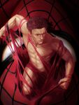  1boy abs absurdres bodysuit broken_mask brown_hair completely_nude convenient_censoring dual_persona highres male_focus marvel mas_marcos mask muscular_arms navel nude peter_parker print_bodysuit red_bodysuit red_mask spider-man spider-man:_brand_new_day spider-man_(series) spider_web_print tom_holland toned toned_male 