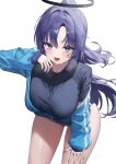  1girl absurdres blue_archive blue_eyes blue_hair blue_jacket blue_shirt breasts cowboy_shot damcheong halo highres jacket long_hair mechanical_halo medium_breasts open_mouth shirt simple_background solo white_background yuuka_(blue_archive) yuuka_(track)_(blue_archive) 