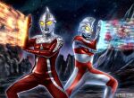  2boys alien chest_guard colored_skin commentary_request copyright_notice energy_beam forehead_jewel giant male_focus multicolored_skin multiple_boys official_art red_skin silver_skin tokusatsu two-tone_skin ultra_beam ultra_series ultraman_ace ultraman_ace_(series) ultraman_fusion_fight! ultraseven ultraseven_(series) yanagi_jou yellow_eyes 