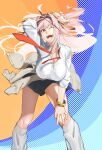  1girl black_skirt bracelet breasts cleavage clothes_around_waist collared_shirt commentary_request fate/grand_order fate_(series) flower grey_sweater hair_flower hair_intakes hair_ornament half_updo highres jewelry kneehighs large_breasts leaning_forward long_hair looking_at_viewer loose_socks necktie one_eye_closed open_mouth pink_hair red_eyes shirt skirt sleeves_rolled_up smile socks solo sweater sweater_around_waist thighs trick1601 verdandi_(fate) white_shirt 