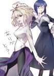  2girls ;) antenna_hair arcueid_brunestud arcueid_brunestud_(berserker) black_pantyhose black_robe blonde_hair blue_eyes breasts ciel_(tsukihime) fangs fate/extra fate/extra_record fate_(series) fighting_stance fingernails glasses hair_between_eyes hand_on_own_hip hand_up highres large_breasts long_skirt looking_at_viewer messy_hair multiple_girls numuhe one_eye_closed pantyhose purple_skirt red_eyes robe sharp_fingernails sharp_teeth short_hair side_slit sidelocks simple_background single_hair_intake skirt smile sweater teeth tsukihime tsukihime_(remake) turtleneck turtleneck_sweater vampire white_background white_sweater wing_collar 