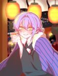 1boy alcohol aqua_streaks asymmetrical_hair ayakashi_yokochou_no_natsuyasumi black_kimono blush commentary_request cup ear_blush fur_trim grin hair_between_eyes hair_intakes haori haori_himo haori_on_shoulders highres holding holding_cup japanese_clothes jojogh7777777 kamishiro_rui kimono korean_commentary lantern long_sleeves looking_at_viewer male_focus market_stall multicolored_hair night nose_blush official_alternate_costume official_alternate_hairstyle one_side_up project_sekai purple_hair purple_haori sakazuki sake smile solo spilling streaked_hair striped_clothes vertical-striped_clothes yellow_eyes 