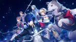  2boys 3girls aigis_(persona) albino albino_animal amada_ken android animal aqua_eyes aqua_hair aqua_sweater archery_shooting_glove arknights armband belt black_capelet black_gloves black_hairband black_jacket black_ribbon black_shorts black_skirt black_socks blonde_hair blue_background blue_eyes blue_hair bow bow_(weapon) bowtie brown_eyes brown_hair capelet cardigan clothed_animal collared_shirt dagger digital_walkman dog earphones earphones_removed fighting_stance finger_cannon game_asset gloves gold_hairband grey_dog hair_between_eyes hair_over_one_eye hairband headphones highres holding holding_bow_(weapon) holding_dagger holding_knife holding_polearm holding_sword holding_weapon holster hood hood_down hoodie jacket joints kneehighs knife koromaru_(persona) lips loose_bowtie miniskirt mp3_player multiple_boys multiple_girls neck_ribbon non-web_source official_art one_eye_covered open_clothes open_jacket orange_hoodie partially_fingerless_gloves persona persona_3 persona_3_reload pink_cardigan pleated_skirt polearm red_armband red_bow red_bowtie red_eyes ribbon robot_ears robot_joints s.e.e.s shiba_inu shirt shoes short_hair shorts shoulder_belt simple_background skirt smoke sneakers socks sweater swept_bangs sword takeba_yukari thigh_holster walkman_nw-s203f weapon weapon_in_mouth white_belt white_shirt white_shoes white_socks yamagishi_fuuka yuuki_makoto_(persona_3) 