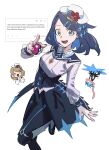  2girls :d black_hair black_pants blue_eyes chibi commentary_request copituji cosplay english_text flower greninja hair_ornament hairclip hand_up happy hat hat_flower highres holding holding_poke_ball leg_up liko_(pokemon) long_sleeves looking_at_viewer multiple_girls odaibako open_mouth pants poke_ball poke_ball_(basic) pokemon pokemon_(anime) pokemon_(creature) pokemon_horizons pokemon_masters_ex red_flower request_inset serena_(anniversary_2026)_(pokemon) serena_(pokemon) serena_(pokemon)_(cosplay) shirt smile teeth upper_teeth_only white_background white_hat 