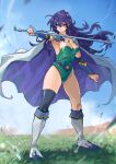  1girl absurdres armor ayra_(fire_emblem) boots breasts cape celes_chere celes_chere_(cosplay) closed_mouth commentary_request commission cosplay field final_fantasy final_fantasy_vi fire_emblem fire_emblem:_genealogy_of_the_holy_war green_leotard highres holding holding_sword holding_weapon large_breasts leotard long_hair pixiv_commission purple_cape purple_eyes purple_hair sarad_udon shoulder_armor single_thighhigh solo sword thighhighs two-tone_cape weapon white_boots white_cape wind 