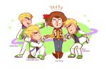  2boys animal_print animification brown_hair buzz_lightyear commentary_request cow_print cowboy cowboy_hat hat highres long_sleeves looking_at_viewer male_focus multiple_boys nhbzzdy open_mouth sheriff_woody shirt short_hair simple_background smile spacesuit toy_story white_background 