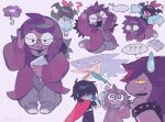  +_+ ... 1boy 2girls 2others ? ?? all_fours aqua_(deltarune) aqua_dress armlet arms_up berdly_(deltarune) bird_boy black_bodysuit black_hair black_vest blue_feathers blush_stickers bodysuit book bow breasts buck_teeth cape closed_eyes colored_sclera colored_skin commentary covered_eyes covering_own_mouth crying deltarune dress fang feathers fingerless_gloves flower fur-trimmed_robe fur_trim glasses gloves grey_background grey_gloves hair_bow hair_wings half-closed_eye highres holding holding_book jewelry kneeling kris_(dark_world)_(deltarune) kris_(deltarune) l0belly leaning_back leaning_forward long_hair medium_breasts messy_hair multiple_girls multiple_others narrowed_eyes necktie o_o opaque_glasses purple_flower purple_necktie purple_robe purple_skin red_bow red_cape red_scarf red_shoes riding_person robe round_eyewear saliva scarf seth_(deltarune) sharp_teeth shoes single_blush_sticker single_fingerless_glove skin_fang sparkle spiked_armlet spoken_ellipsis spoken_question_mark susie_(dark_world)_(deltarune) susie_(deltarune) sweatdrop teeth tongue tongue_out untranslatable_commentary utdr_(toby_fox) vest yellow_sclera 