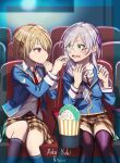  2girls absurdres black_socks black_thighhighs blazer blue_jacket blush brown_hair brown_skirt chair character_name collared_shirt commentary_request dated el_nantoka embarrassed fang feeding feet_out_of_frame flirting food glasses green_eyes grey_hair grin hair_ornament hair_over_one_eye hairclip heaven_burns_red highres holding holding_food indoors izumi_yuki jacket kayamori_ruka kneehighs lapels long_hair long_sleeves looking_at_another loose_necktie movie_theater multiple_girls narby_(heaven_burns_red) necktie on_chair one_eye_covered open_clothes open_jacket open_mouth parallel_hairclips pleated_skirt popcorn popcorn_bucket red_eyes red_necktie rimless_eyewear round_eyewear school_uniform shirt short_hair sitting skin_fang skirt smile socks thighhighs untucked_shirt white_shirt yellow_skirt yellow_trim yuri zettai_ryouiki 